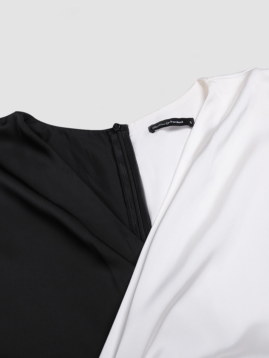 Elegant satin dress with black and white contrast stitching