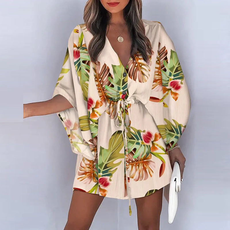 فستان قصير غير رسمي لقضاء العطلات على الشاطئ بوهو للنساء فساتين صيفية مطبوعة بأربطة وأكمام تشبه جناح الخفّاش للنساء رداء نسائي فضفاض 