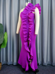 Women Maxi Party Dress One Shoulder Backless Purple Long Ruffles Bodycon Fishtail Evening Event Birthday Gowns African Clubwear