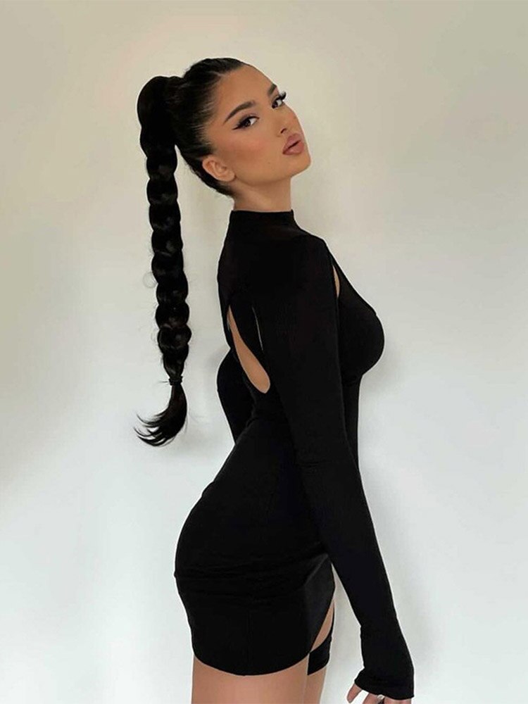 Women Spring Casual High Street Stretch Slim Hollow Out Sexy Mini Bodycon Dresses 2022 New Simple Solid Black Dresses