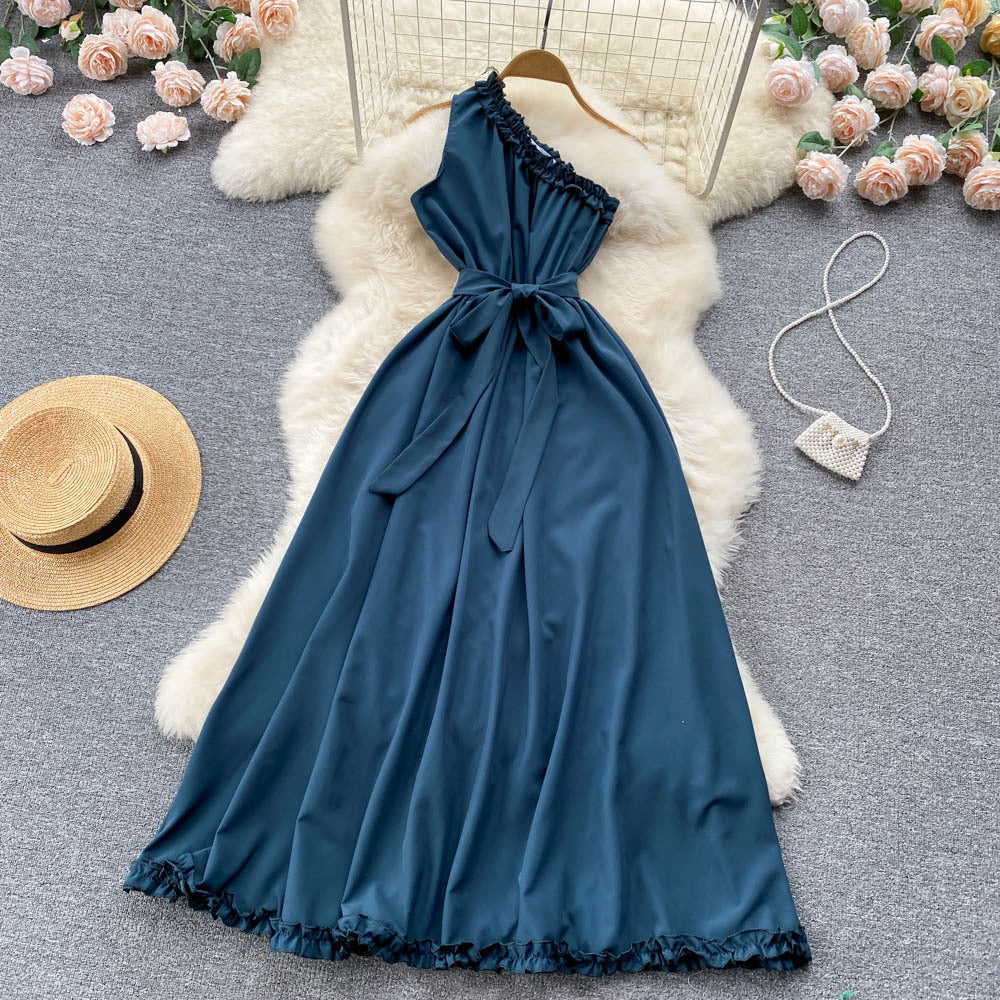 Light mature off shoulder sleeveless dress lace up waist slim long dress banquet dress