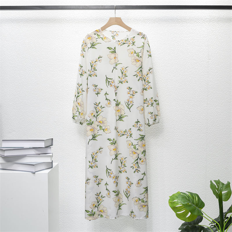 Spring Summer Muslim Dresses Full Sleeve Printed Floral Casual Long Loose Chiffon Dress Women Maxi Dresses With Pocket Mujer Vestidoes