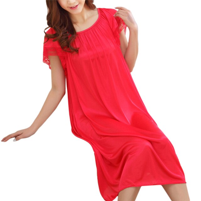 Women Night Gowns Sleepwear Lace Patchwork Nightwear Long Sleeping Dress Casual Ladies Home Dressing
