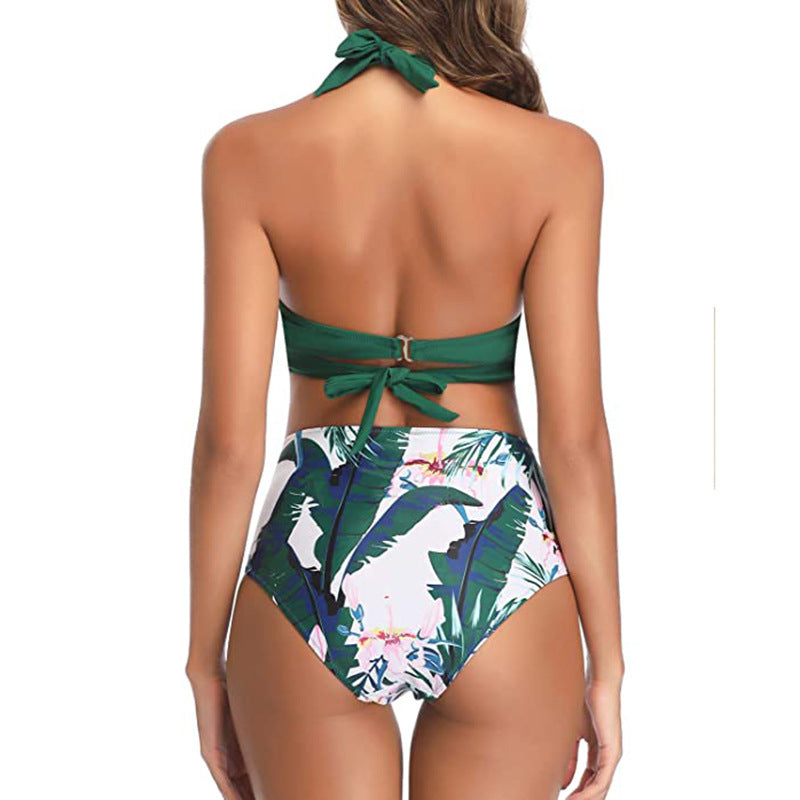 Bikini European and American high waist printed halter strap swimsuit women's split swimsuit swimsuit slimming bikini