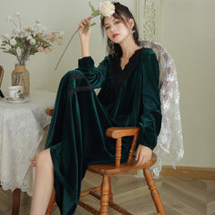 New Women gold velvet Pajamas  Dress Robe Home Wear Long Sleeve Nightgowns Female Autumn Winter Warm Bathrobes Sleepwear
