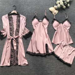Pajamas women's sexy pajamas four-piece underwear Korean version sling pajamas women's home clothes with chest pad nightgown