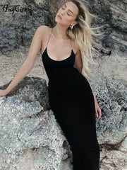 Hugcitar الصلبة أكمام زلة عارية الذراعين الشق مثير Bodycon ميدي فستان حفلة موسيقية الصيف النساء أزياء أنيقة الزي حفل زفاف Y2K 