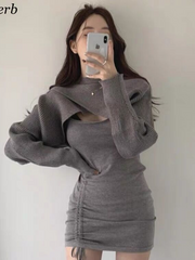 مجموعة فستان نسائي قصير مطوي بدون أكمام مع كيب Bodycon 2022 كامل الزي سترة الهانبوك