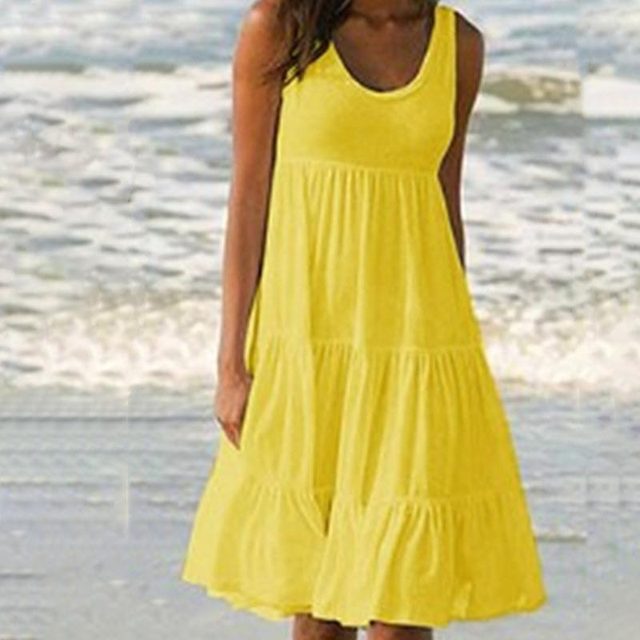 Womenl O Neck Sleeveless Ruffles Mini Dress Boho Solid Beach Sundress Oversized Loose Dress 2023 Summer