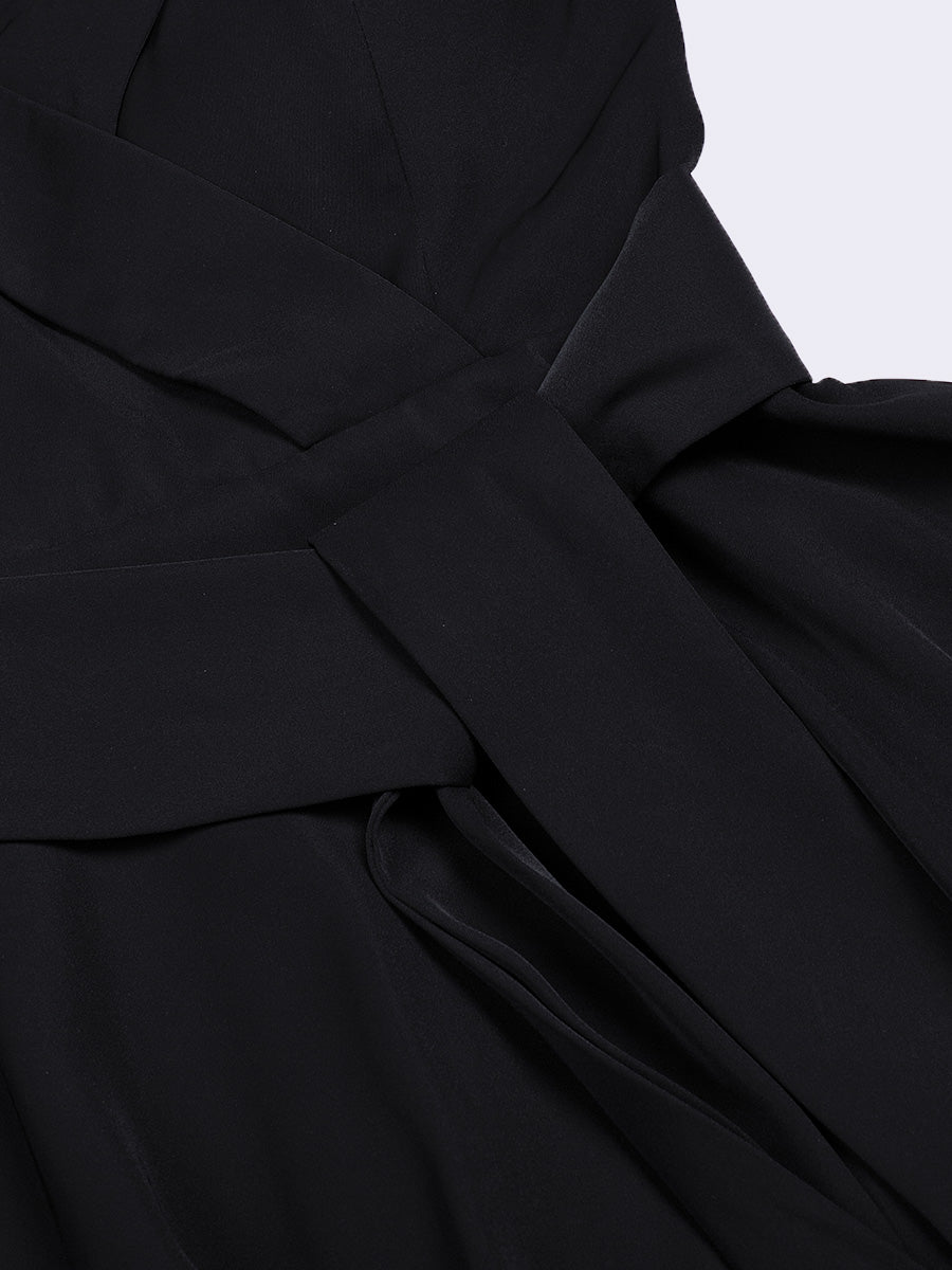 Black Elegant Satin V-Neck Fringed Hem Dress