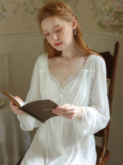 Ladies Spring Pajamas Long Sleeve Cotton Victorian Nightgown Pajamas Ruffle V Neck Vintage Pajamas