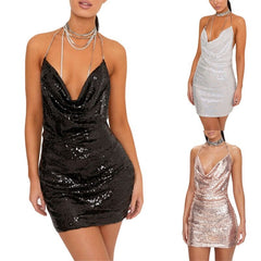 Women Glitter Halter Dress Adults Sexy Backless Solid Color Halter Neck Bodycon Sequin Dress Party Evening Dresses