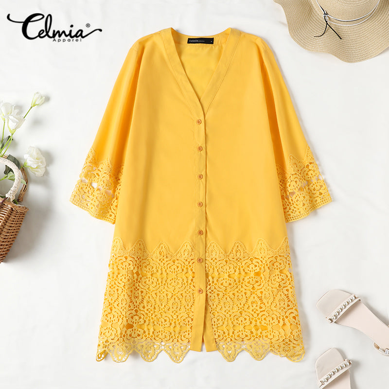 Celmia Elegant Dresses For Women 2022 Solid V Neck Long Sleeve Spliced Lace A-Line Vestidos Bohemian Party Casual Summer Plus Size Short Dresses