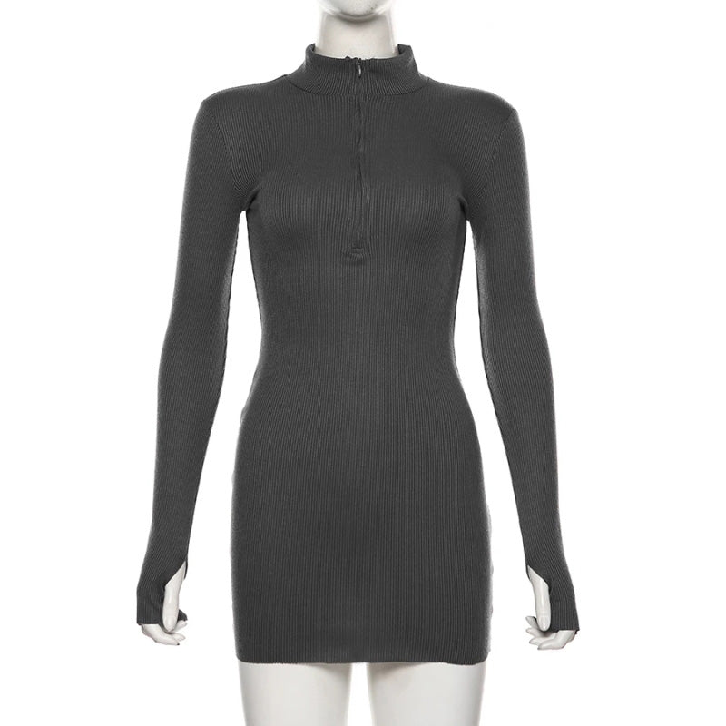 Autumn Winter Stretch Slim Soft Ribbed Knitted Turtleneck Dress Woman Fashion Solid Black Casual Bodycon Zip Dress