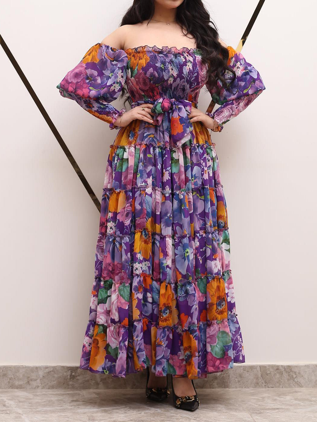 Floral-print one-shoulder chiffon dress