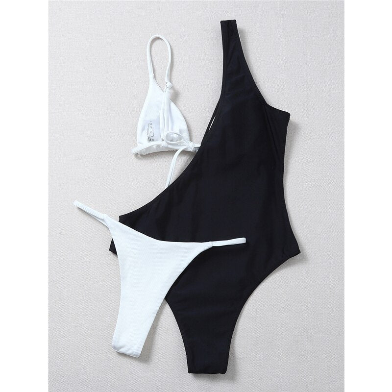 بيكيني مثير مثير قطعة واحدة ملابس السباحة النسائية ثلاث قطع بكتف واحد ملابس السباحة 2021 الصيف الشاطئ الإناث Monokini لباس سباحة