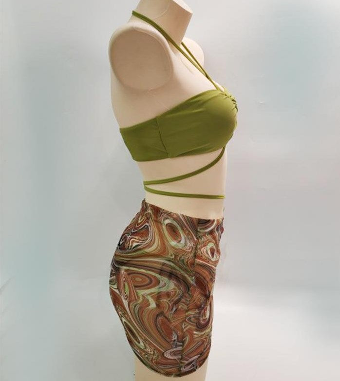 New drawstring strap skirt mesh split bikini with chest pad no steel support three-piece swimsuit bikini