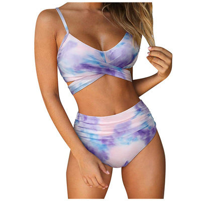 High Waist Bikini Fold Over Plus Size Swimsuit 2023 Push Up Swimsuit Tie Dye Printed Swimsuit Women's Strap Bikini Set Beach