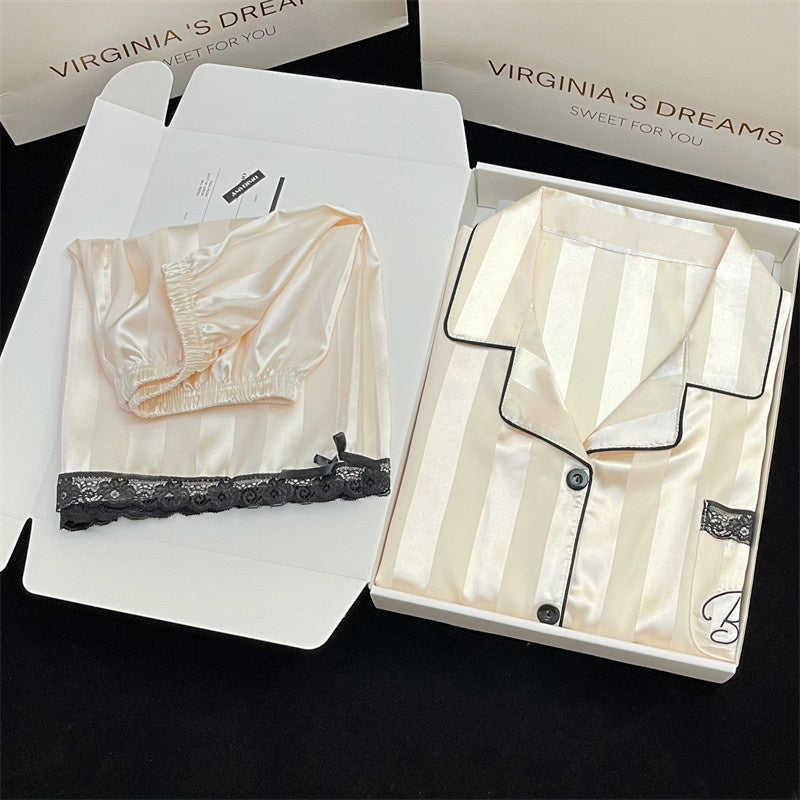 Luxurious chic summer silky women's pajamas short-sleeved home clothes thin section  silk suit