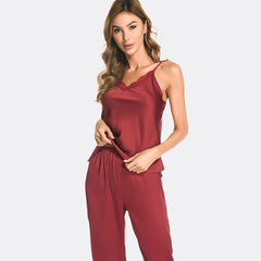 Ladies spring and summer ice silk s exy suspender nightdress nine minutes pants suit lace V-neck simulation silk pajamas women's home service