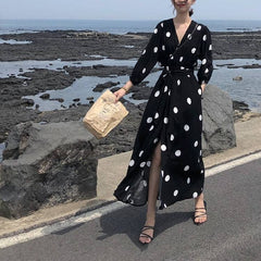 Boho New Summer Maxi Dress Clothes Vintage Slim French Retro Hepburn Wind Black Polka Dot Long Robe Korean Style Fashion
