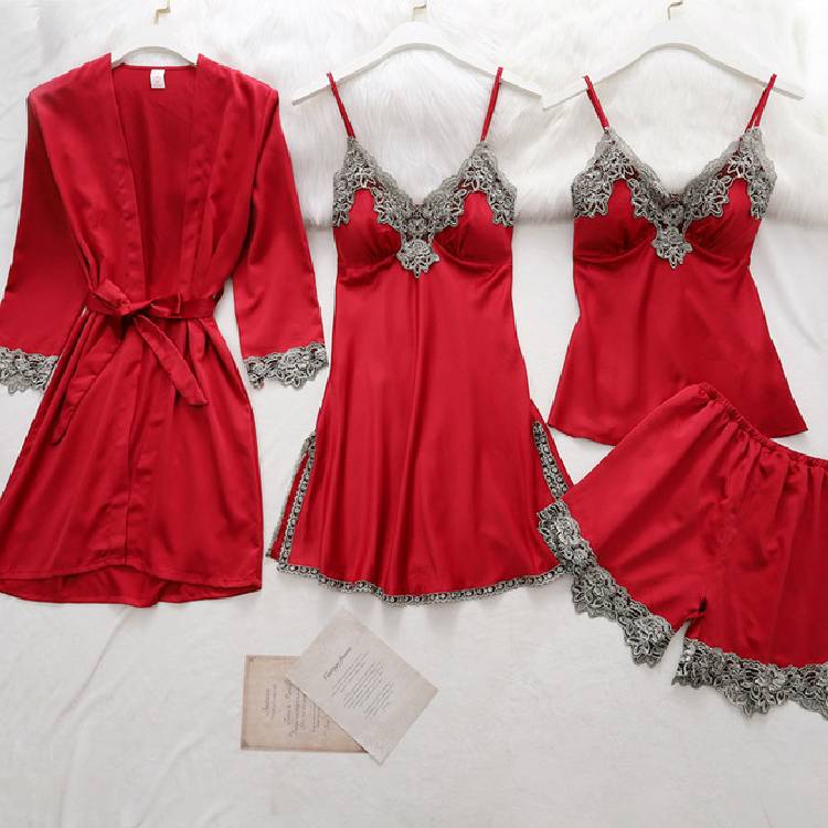5PC Silk Robe Sleep Suit Womens Lace Satin Pajamas Gown Set V Neck Cami Nighties Wear Pijama Home Nightwear Spring Nightdress