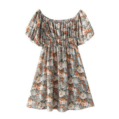 فستان بوهو ستايل قصير مطبوع عليه زهور على شكل فراشة وأكمام قصيرة ورقبة مائلة، فستان نسائي أنيق على شكل حرف A بخصر مطاطي 