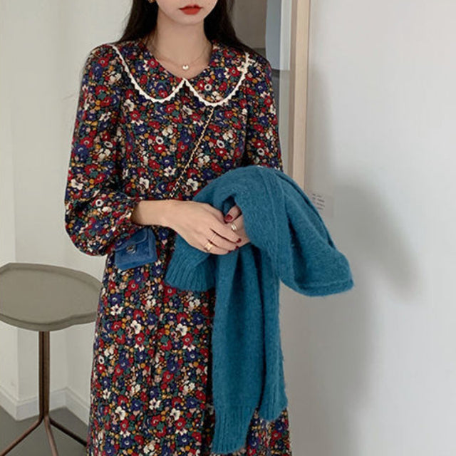 Long-sleeved retro printed dress women's full-court sweet Peter Pan collar elegant women's  students full-court aesthetic autumn