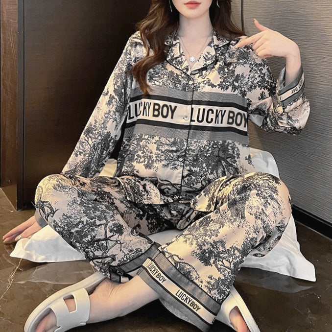 Ladies Summer Luxurious Pajamas Noble Long Sleeve Simulated Silk Homewear Set