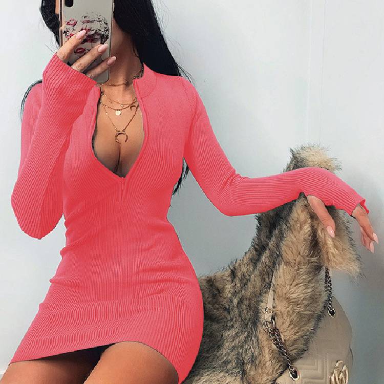 Oshoplive 2021 Autumn&Winter Fashion Bodycon Dress For Women Versatile Wrap Slim Sexy Dress Long Sleeves Knitted Mini Dress