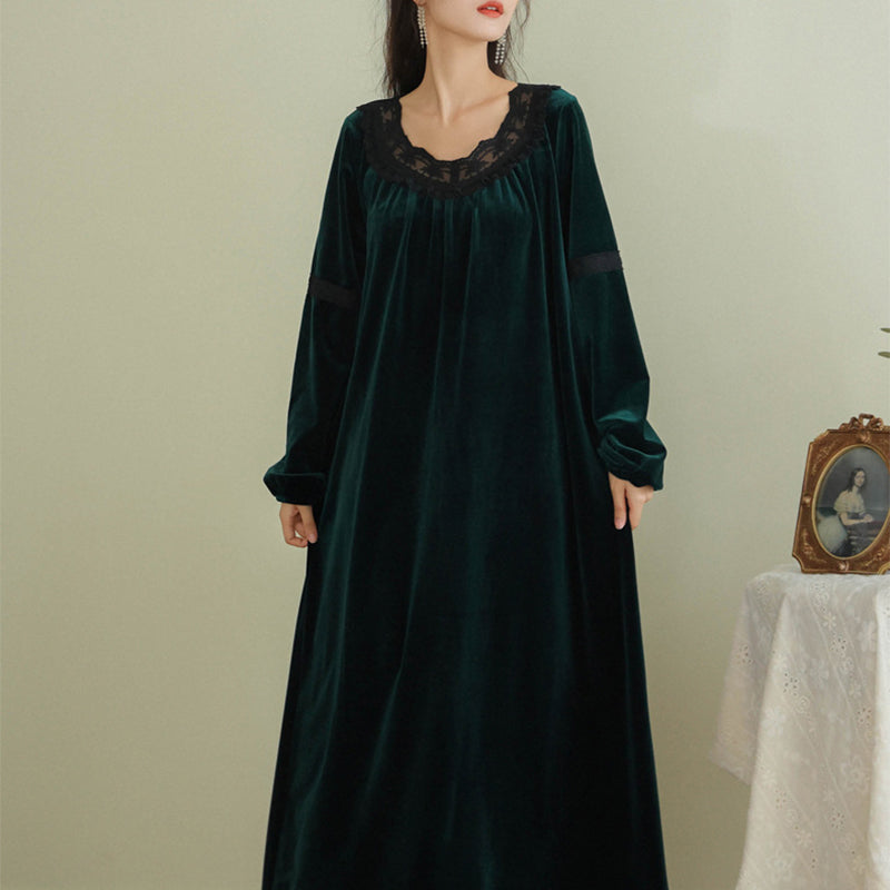 Women Winter Warm Night Dress Vintage Lace Round Neck Plus Size Nightgown Thicken Long Sleeve Thermal gold velvet pajamas court style dress Sleepwear