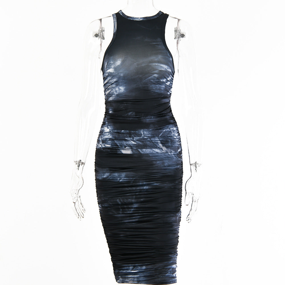 Printed Sexy Pleated Dress For Women Sleeveless O Neck Bodycon Midi Dress Spring Autumn Party Dress