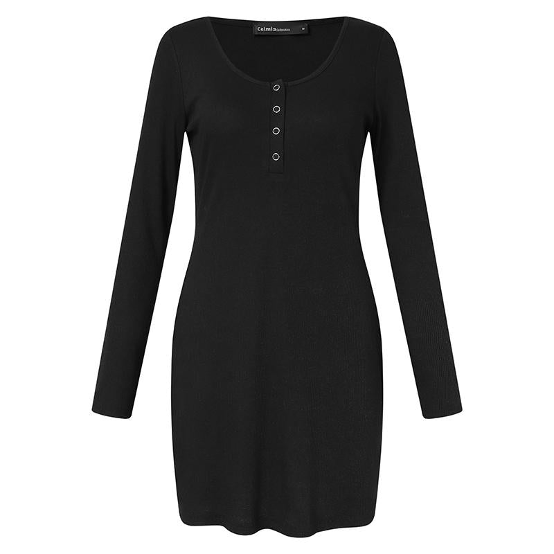 Celmia 2022 Women Sexy Dress Autumn O Neck Buttons Long Sleeve Knitted Short Bodycon Sundress Party Club Vestidos Robe Femme