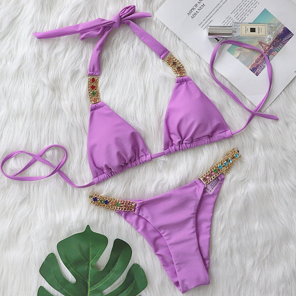 Europe and the United States 2022 new sexy metal accessories rhinestone solid color bikini women's split swimsuit strappy swimsuit wholesale