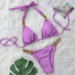 Europe and the United States 2022 new sexy metal accessories rhinestone solid color bikini women's split swimsuit strappy swimsuit wholesale