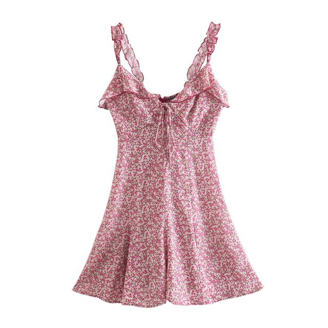 الأزهار المطبوعة بوهو نمط المرأة فستان قصير الخامس الرقبة السباغيتي حزام كشكش فستان الصيف عادية أكمام فساتين عارية الذراعين 