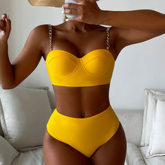 New solid color European and American bikini swimsuit sexy split high waist belly bikini swimsuit women