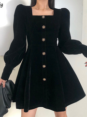 Z Black Dress Women Velvet New Mini A-line Button Long Sleeves Elegant Vintage Square Neck Slim Sturdy French Ladies Vest 2.16