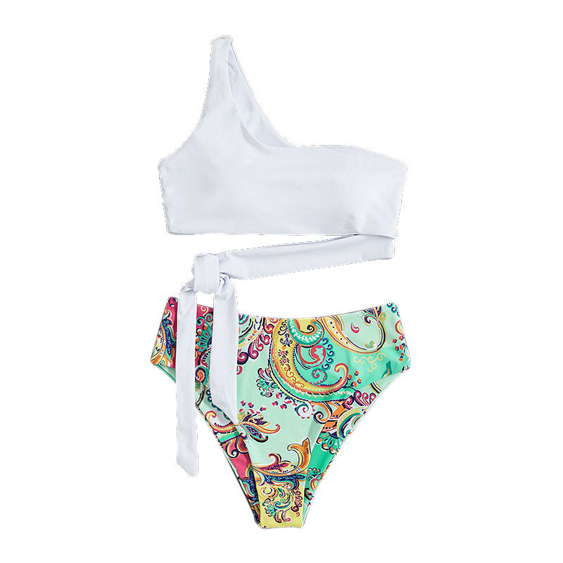 New Brazil Printed One Shoulder Tube Top Bikini Suit  High Waist Thong Swimsuit Women's