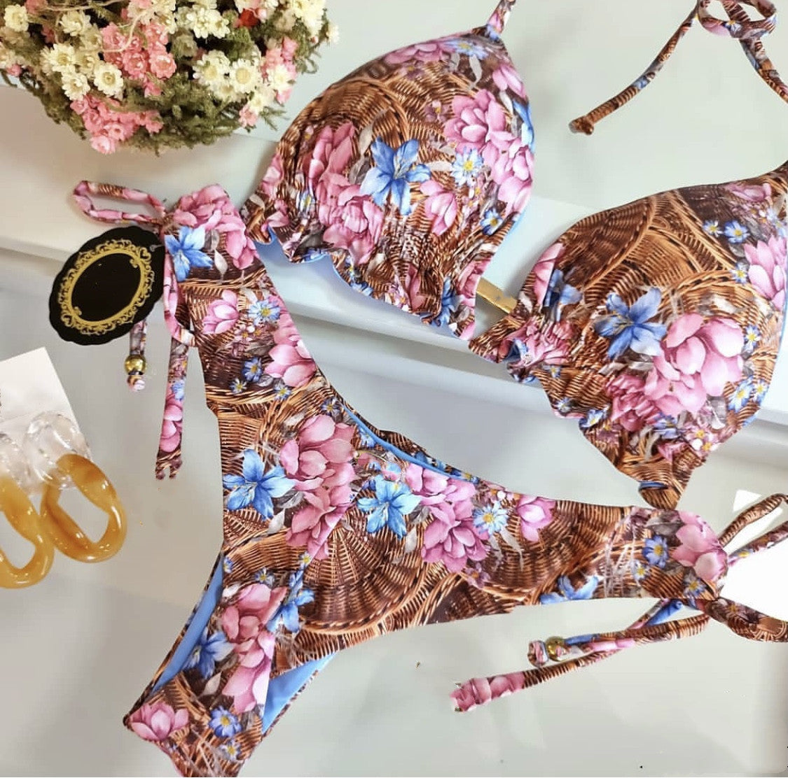 Brazilian Split Ladies Printed Swimsuit With Underwire Chest Pad Sexy Triangle Bikini