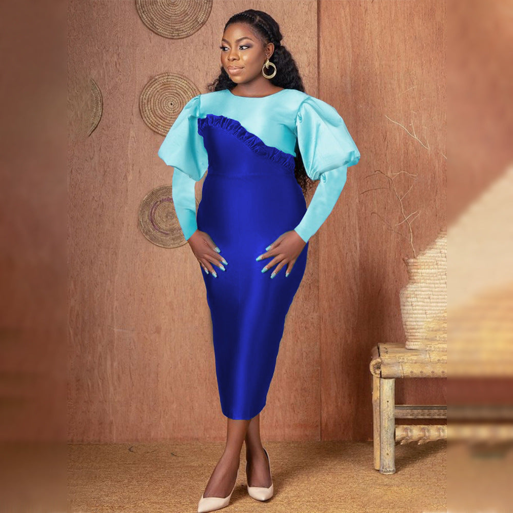 AOMEI Women Sheath Dress Party Shiny Elegant Blue Color Block Bodycon O Neck Long Lantern Sleeves Event Birthday Fall