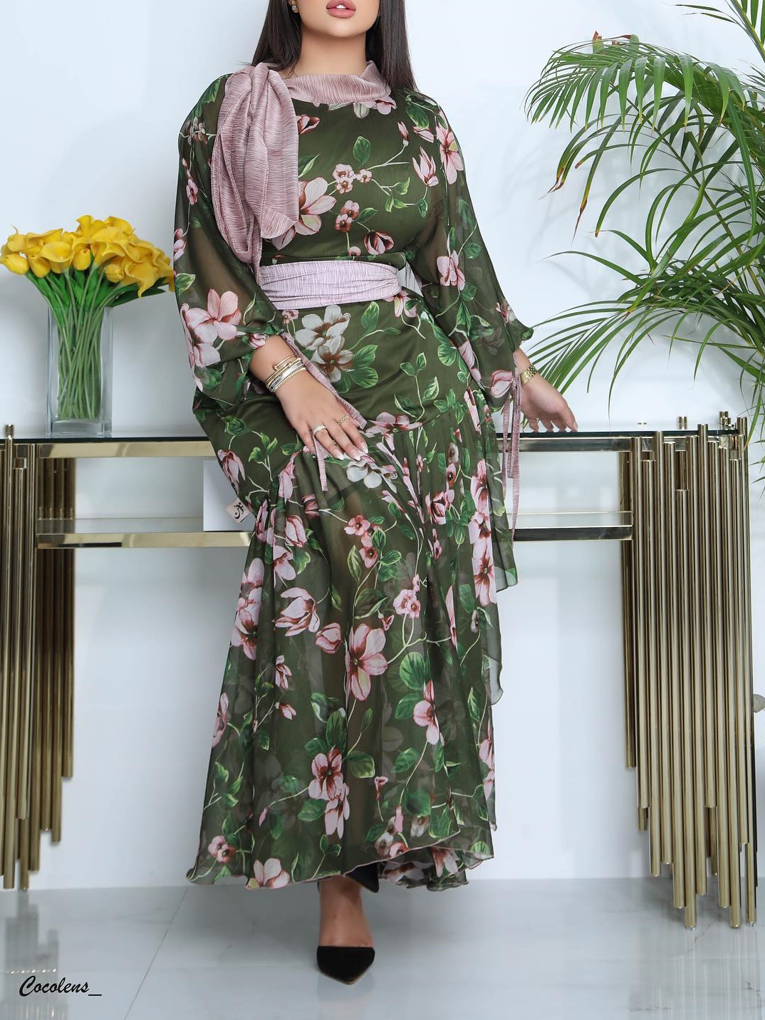 Green Floral Panel Chiffon Dress