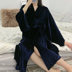 Autumn and winter women's thick warm fashion single robe long gold velvet nightgown