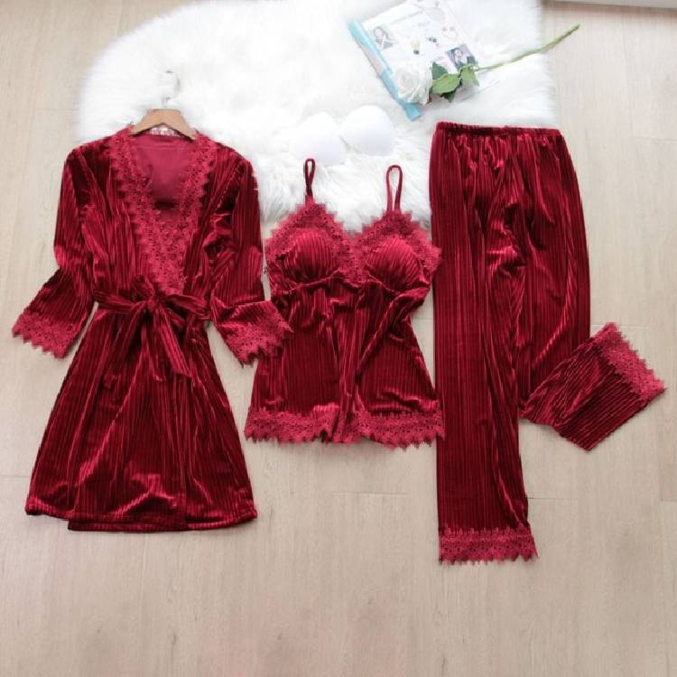 Queenral 3pcs Gold Velvet Pajamas Set For Women Warm Pyjama Lace Pajamas Winter Sleepwear Nightdress Homewear Pijamas