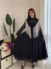 Black elegant fringed chiffon waist dress