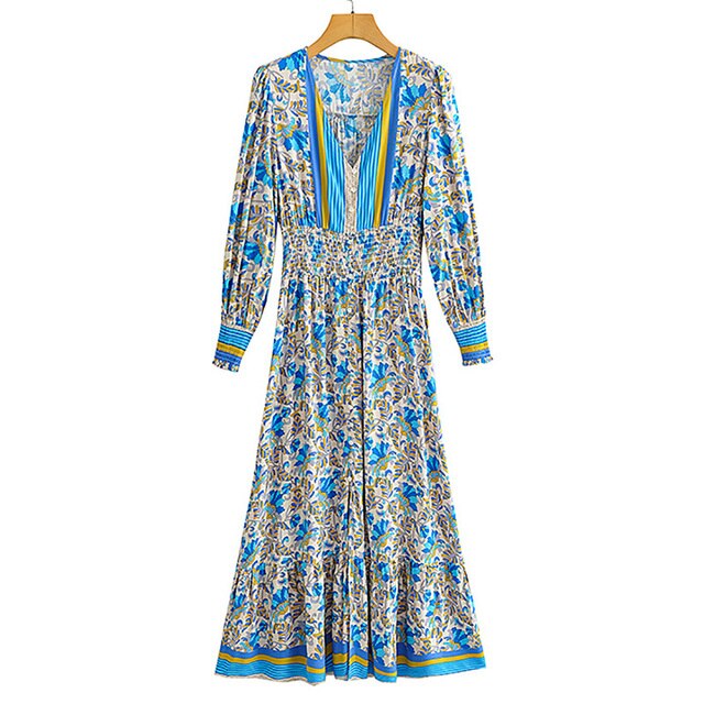 فستان نسائي طويل ماكسي بنمط بوهو مطبوع عليه زهور أنيق على شكل حرف V Nekc فساتين بأكمام طويلة فستان نسائي أنيق بفتحة أمامية على شكل حرف A 