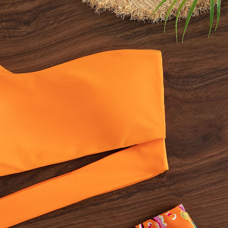 New Brazil Printed One Shoulder Tube Top Bikini Suit  High Waist Thong Swimsuit Women's