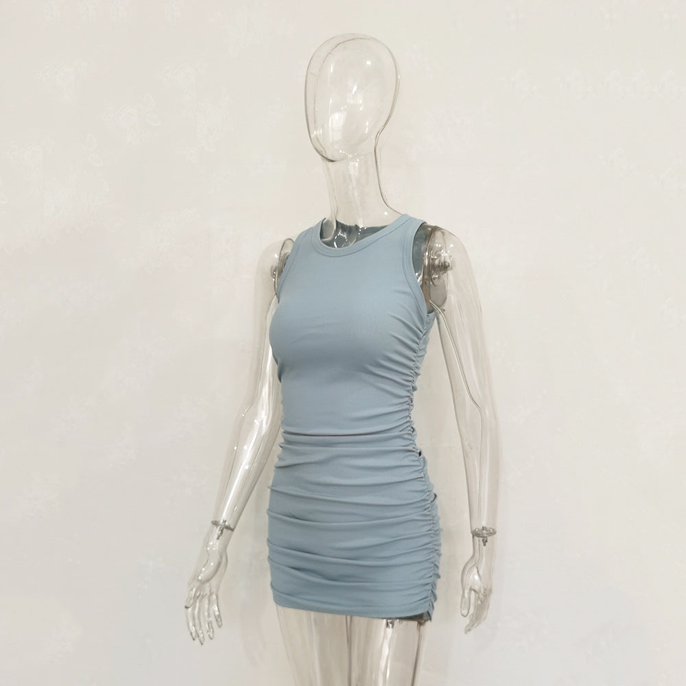 Sleeveless O Neck Pleated Bodycon Dress For Women Solid Sexy Fashion Lace-UP Midi Dress Spring Summer