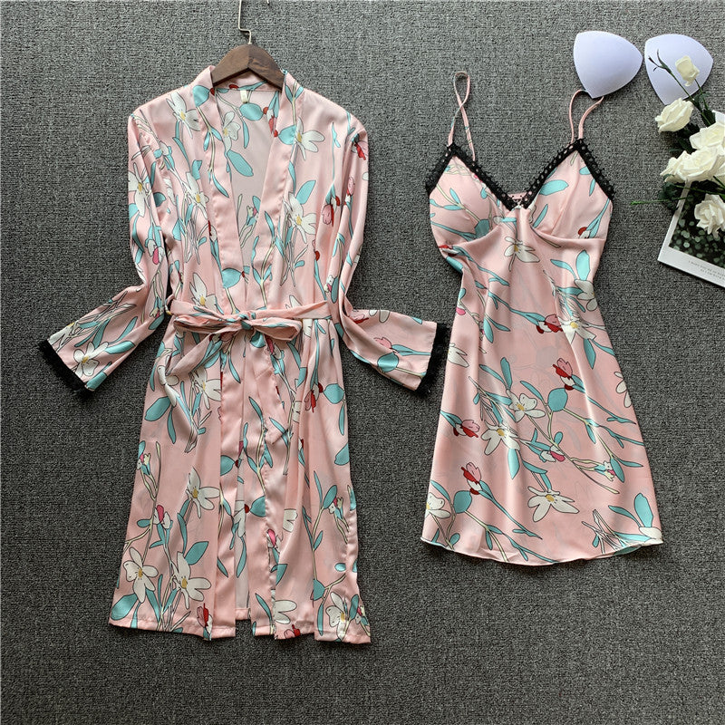 طقم بيجاما ساتان مكون من قطعتين فستان نوم وثوب نوم مثير بيجامة زهري ملابس نوم للنساء ملابس صالة ملابس نوم ملابس نوم مع وسادة صدر