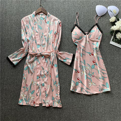 طقم بيجاما ساتان مكون من قطعتين فستان نوم وثوب نوم مثير بيجامة زهري ملابس نوم للنساء ملابس صالة ملابس نوم ملابس نوم مع وسادة صدر